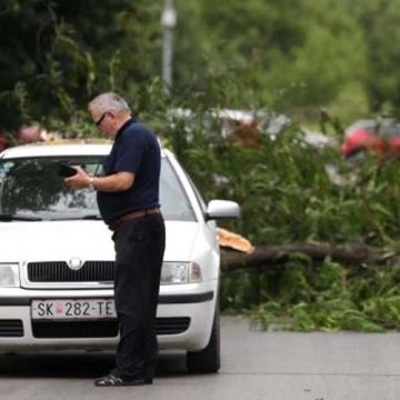 Паднати дрвја, оштетени возила и кровови, откачени кабли од бандери од силниот ветер во Скопје